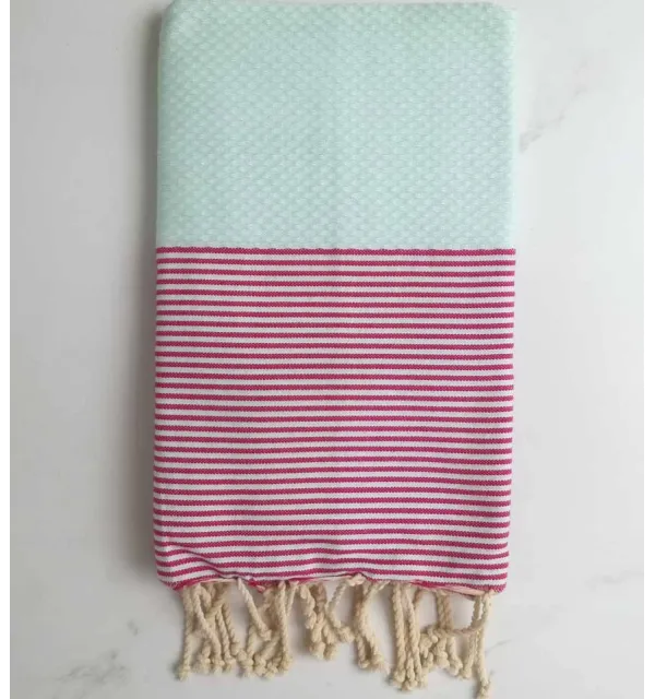 FOUTA NID D'ABEILLE vert pistache rayée rouge 