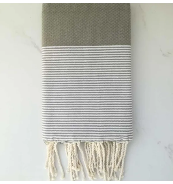 HONEYCOMB green beige striped white fouta 