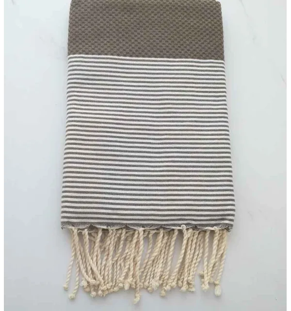 FOUTA NID D'ABEILLE marron rayée  rose corail 