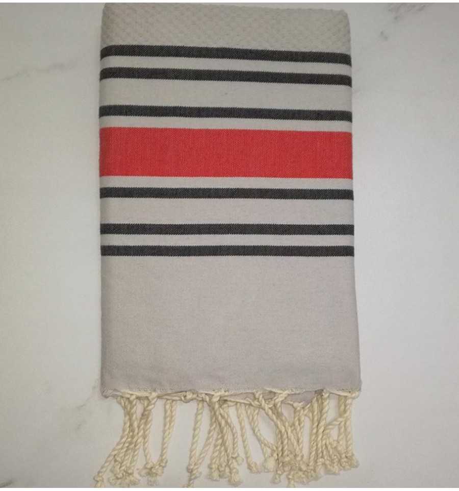 Honeycomb Pearl gray with anthracite and red stripes beach towel 