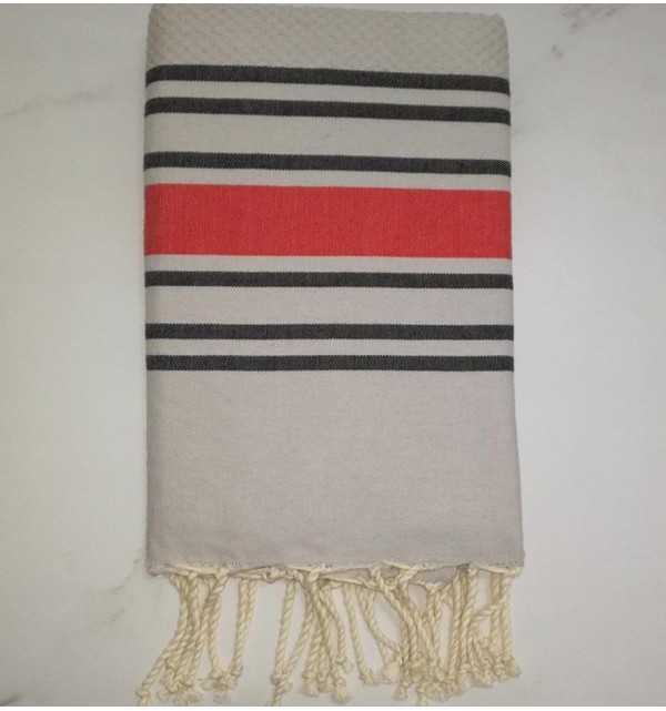 Honeycomb Pearl gray with anthracite and red stripes beach towel 