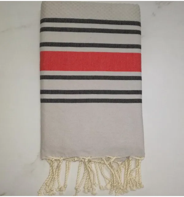 Honeycomb Pearl gray with anthracite and red stripes beach towel 