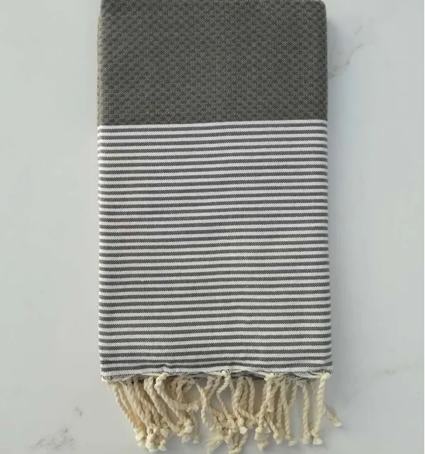 Honeycomb green grey striped white fouta 