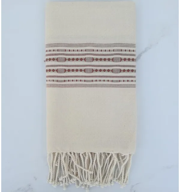 Ecru thalasso fouta with hazelnut brown patterns 