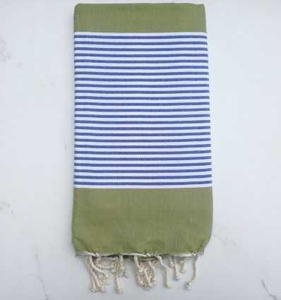Beach Towel flat olive green striped blue and white