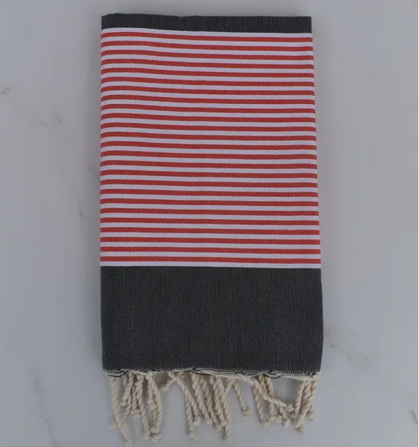 Flat dark gray striped red english and white Beach Towel 