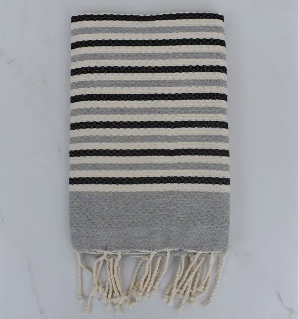Fouta nid d'abeille blanc crème, anthracite et gris rayée 1 cm 