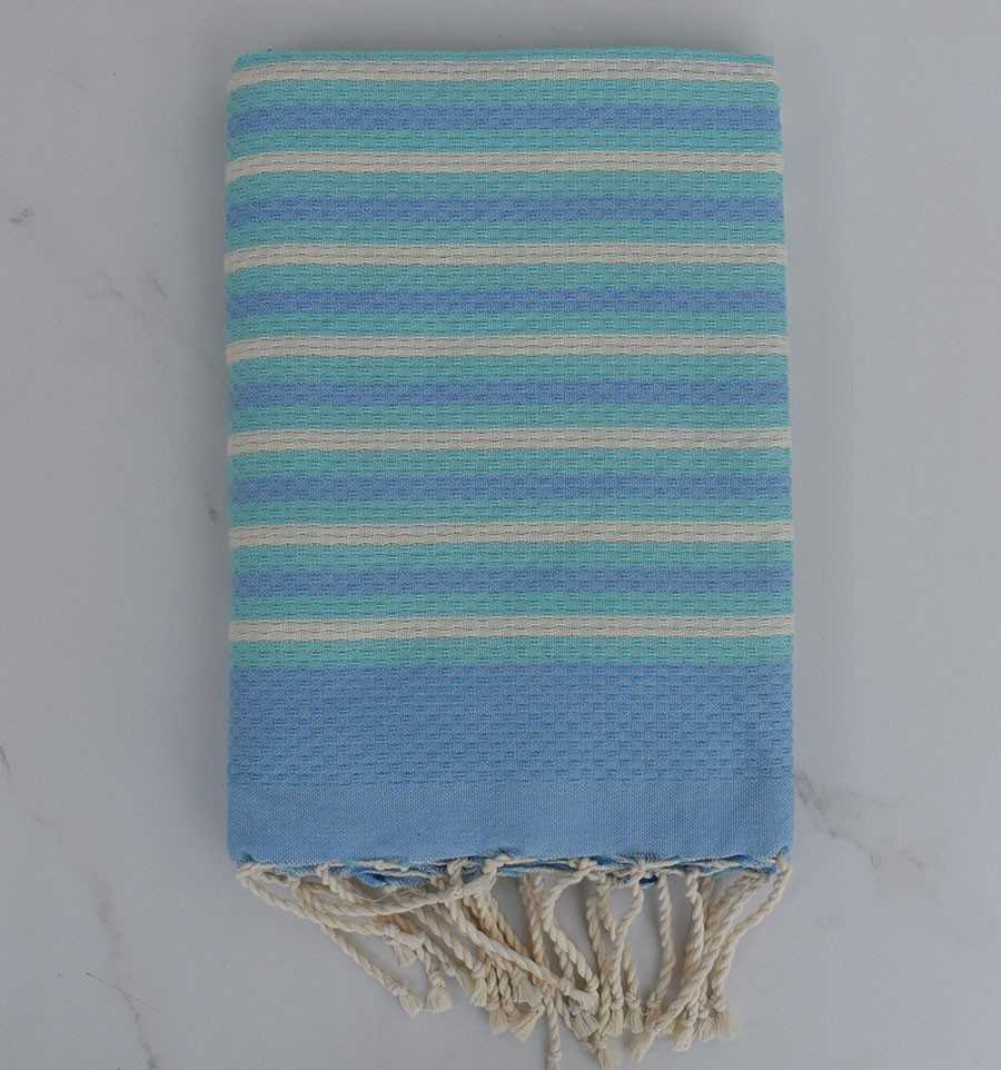 Beach Towel Honeycomb striped 1 cm blue, creamy white and turquoise