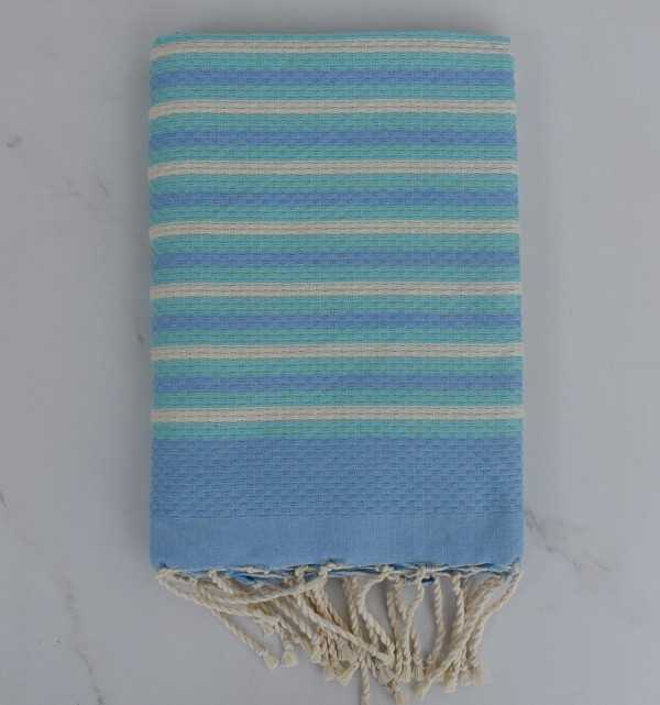 Fouta nid d'abeille rayée 1 cm bleu, blanc crème et turquoise 