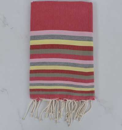 pink, light pink, gray, yellow, red and pale green beach towel