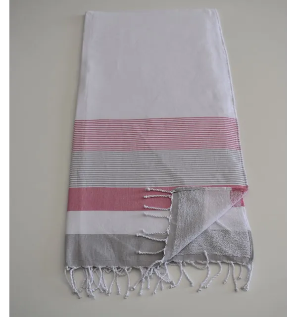 Fouta éponge blanc, rose et gris 