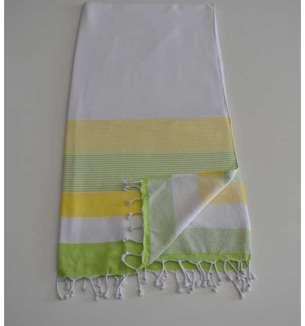 Fouta éponge blanc, chartreuse et vert clair 