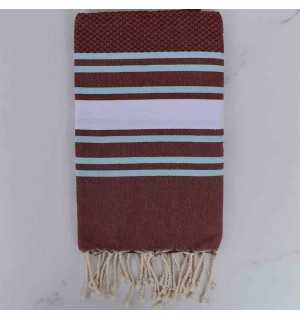 Fouta nid d'abeille rouge bourgogne rayée blanc et bleu clair 