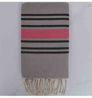 Fouta nid nid d'abeille taupe rayée noir et rose 