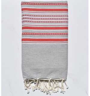 Fouta arabesque gris clair avec rayures rouge 
