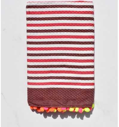 Beach Towel off-white, red and burgundy with pompoms