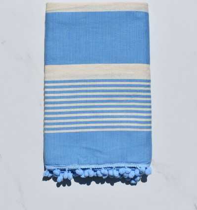 Beach Towel pompons white cream and blue