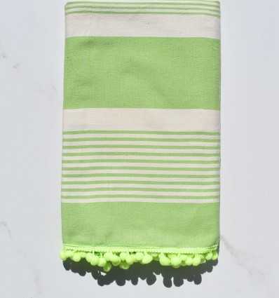 Beach Towel Cream and green fouta with pompons