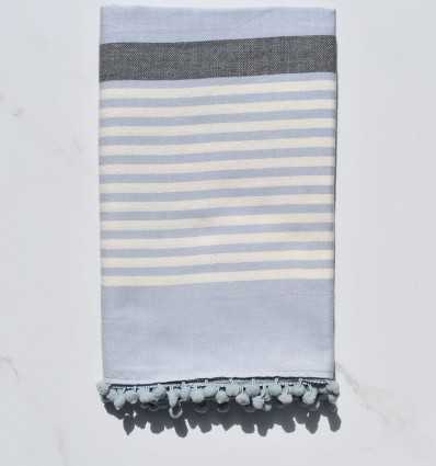 Beach Towel white cream, gray and blue cart with pompons