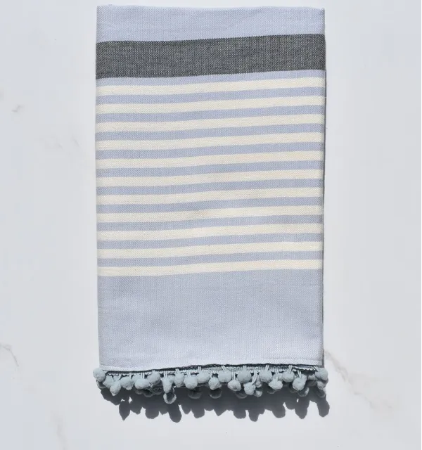 Beach Towel white cream, gray and blue cart with pompons 