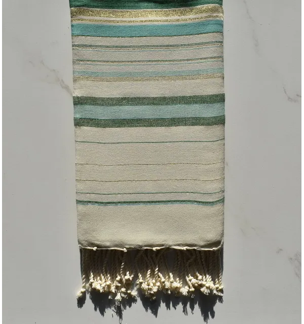 Fouta fadhila green and cream white with lurex 