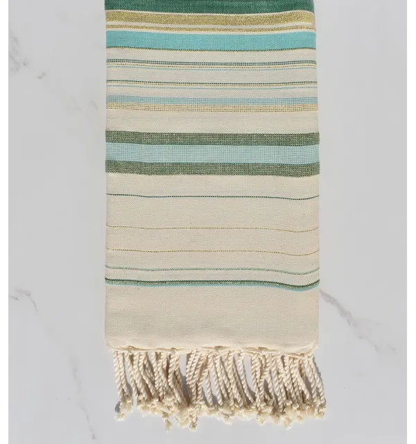 Fouta fadhila green and cream white with lurex 