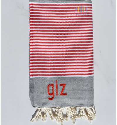  gray beach towel with white and red stripes GIZ embroidery