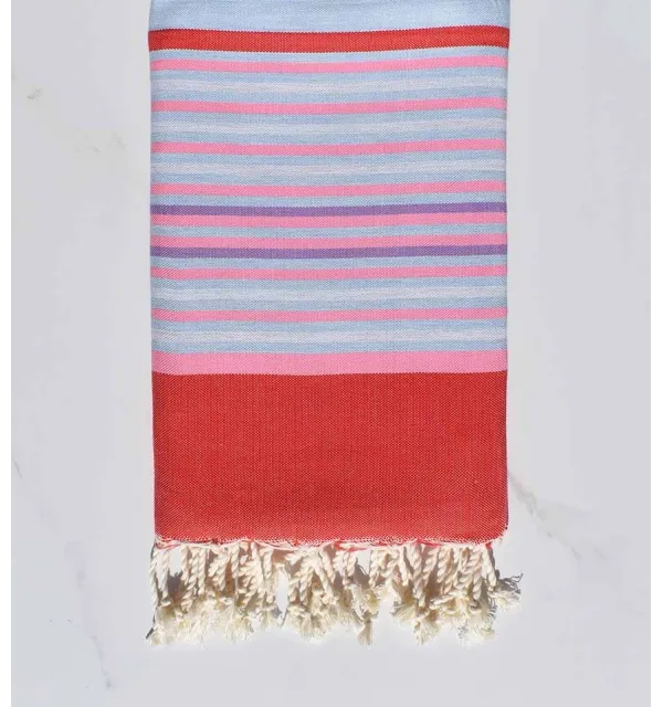 red, light pink, pale blue, light gray and purple beach towel 