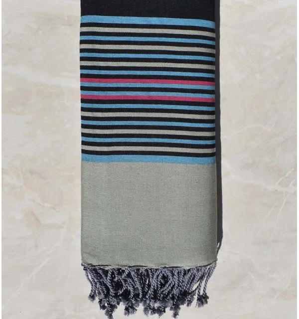 Black gray throw with light blue, pale green and pink stripes 2m*3m 