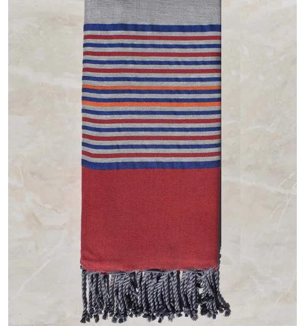 Gray throw with raspberry, blue and orange stripes 2m*3m 
