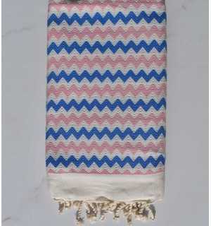 Ecru, pink and blue zigzag beach towel 