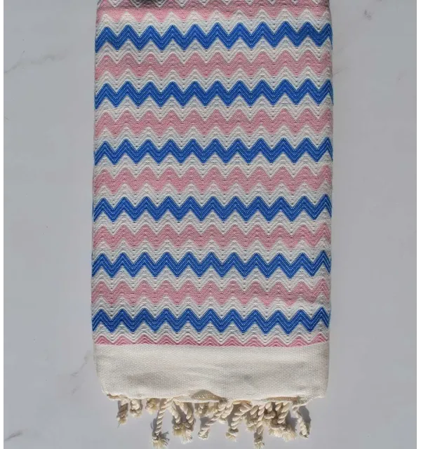 Ecru, pink and blue zigzag beach towel 
