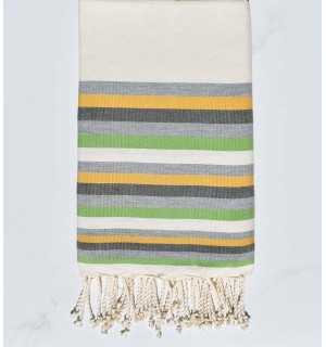 Beach towel flat White cream, Grey, yellow, military green and light green 