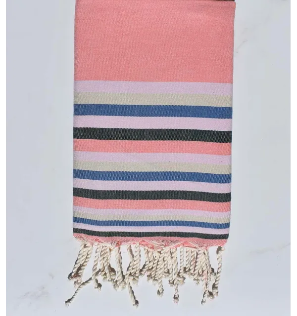 Beach towel flat pink incarnadine ,light pink ,beige, blue and green 