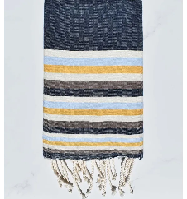Beach towel flat denim blue, creamy white, light blue, yellow and brown 