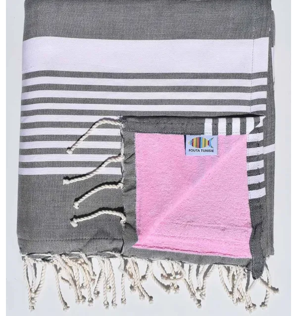 Beach towel doubled arthur sponge dark gray and pink 