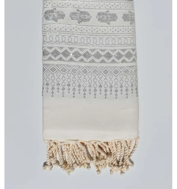 Beach towel khomsa white with silver lurex thread 