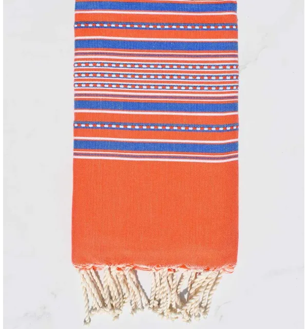 Beach towel arabesque dark orange with royal blue stripes 