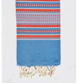 Beach towel arabesque blue denim with red stripes 