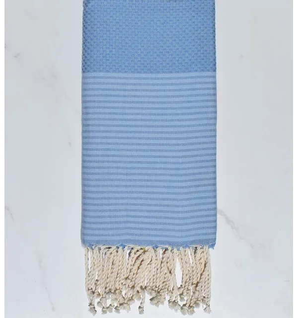 Beach towel Honeycomb azure blue with smoky blue stripes 