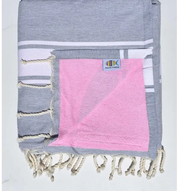 beach towel,doubled sponge light gray and pink Fouta Tunisia - 1