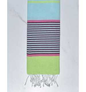 Light azure blue, pink, dark magenta and light green child beach towel Fouta Tunisia - 1