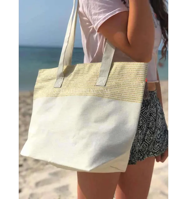Beach bag Beach towel ecru color with golden lurex Fouta Tunisia - 1