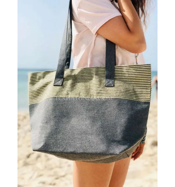 Beach bag Beach towel dark gray color with golden lurex  - 1