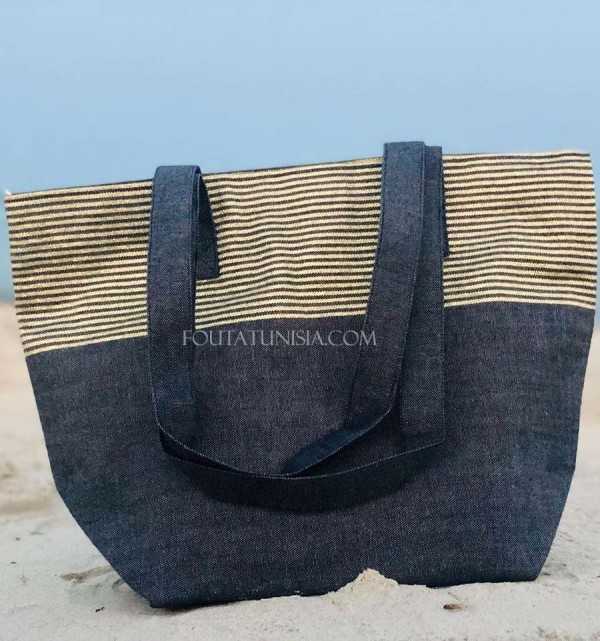 Beach bag Beach towel Navy blue color with golden lurex  - 1