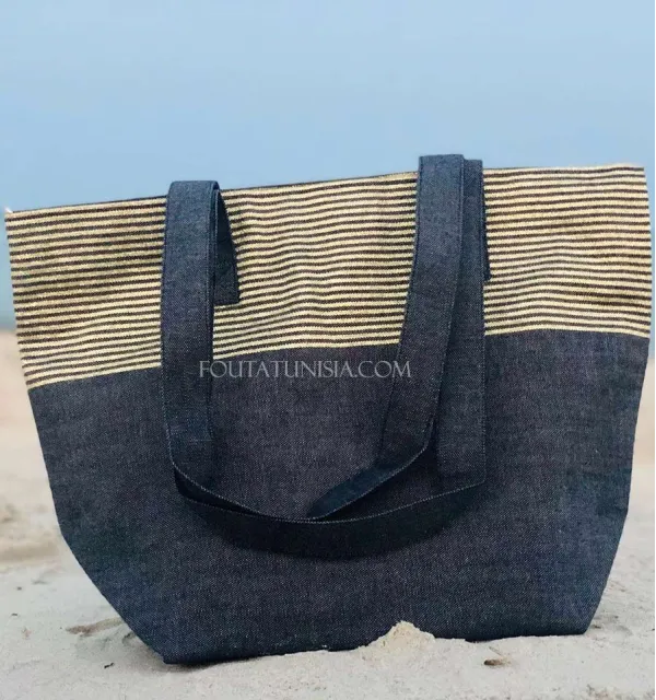 Beach bag Beach towel Navy blue color with golden lurex  - 1
