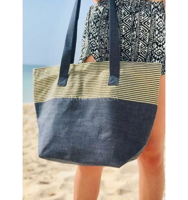 Beach bag Beach towel Navy blue color with golden lurex  - 2