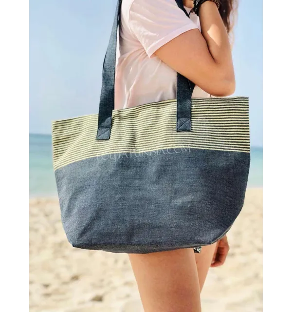Beach bag Beach towel Navy blue color with golden lurex  - 3