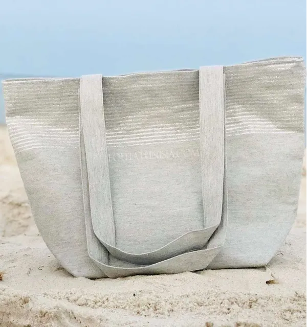 Beach bag Beach towel light gray color with silver lurex  - 3