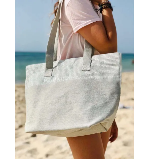Beach bag Beach towel light gray color with silver lurex  - 1